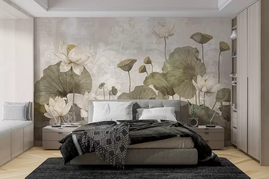 Carta da parati Floreale Un campo di fiori di loto bianchi con grandi foglie verdi su uno sfondo beige dalla texture morbida e vaporosa n. w08527