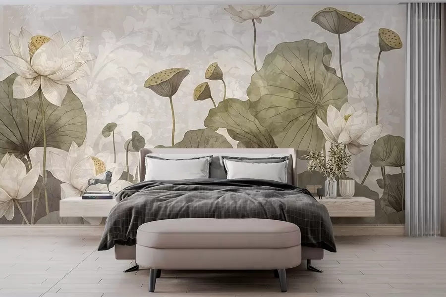 Carta da parati Floreale Un campo di fiori di loto bianchi con grandi foglie verdi su uno sfondo beige dalla texture morbida e vaporosa n. w08527