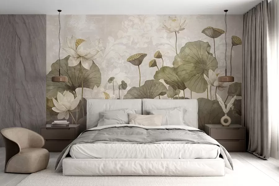 Carta da parati Floreale Un campo di fiori di loto bianchi con grandi foglie verdi su uno sfondo beige dalla texture morbida e vaporosa n. w08527