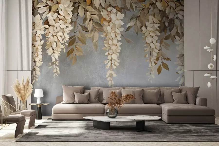 Carta da parati Floreale Delicati fiori di glicine bianchi e beige chiaro con fogliame a cascata su uno sfondo grigio tenue n. w08531