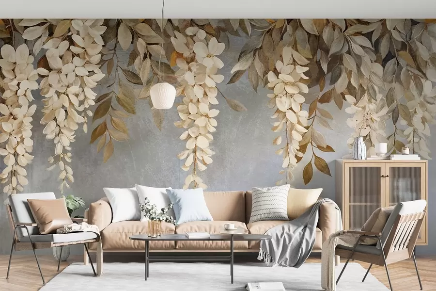 Carta da parati Floreale Delicati fiori di glicine bianchi e beige chiaro con fogliame a cascata su uno sfondo grigio tenue n. w08531