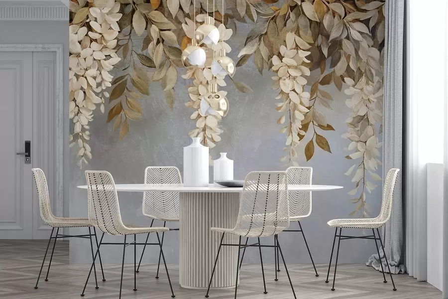 Carta da parati Floreale Delicati fiori di glicine bianchi e beige chiaro con fogliame a cascata su uno sfondo grigio tenue n. w08531