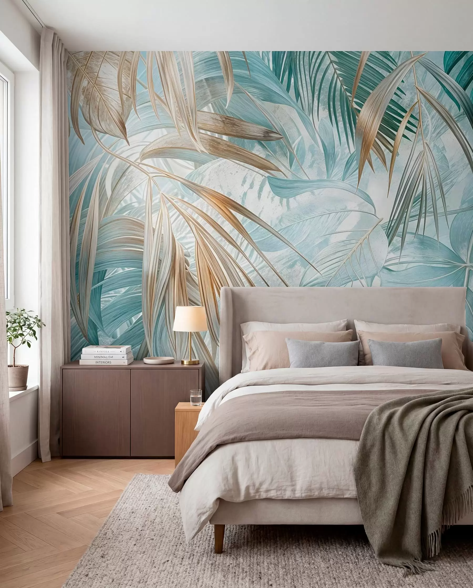 carta da parati Una stampa floreale tropicale astratta con grandi foglie di palma nei toni del blu e del beige crea un'atmosfera lussureggiante nr. w08532
