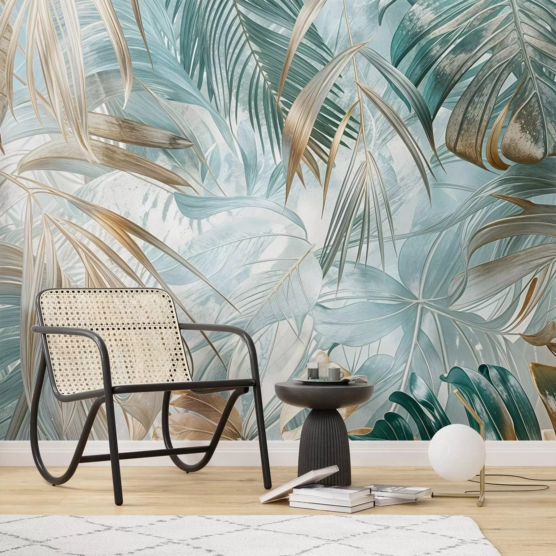 carta da parati Una stampa floreale tropicale astratta con grandi foglie di palma nei toni del blu e del beige crea un'atmosfera lussureggiante nr. w08532