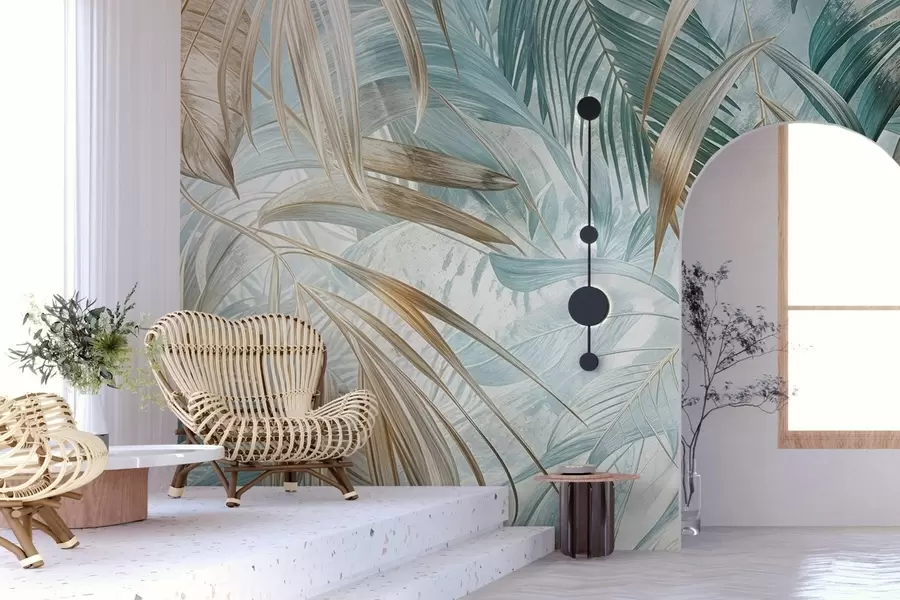 carta da parati Una stampa floreale tropicale astratta con grandi foglie di palma nei toni del blu e del beige crea un'atmosfera lussureggiante nr. w08532