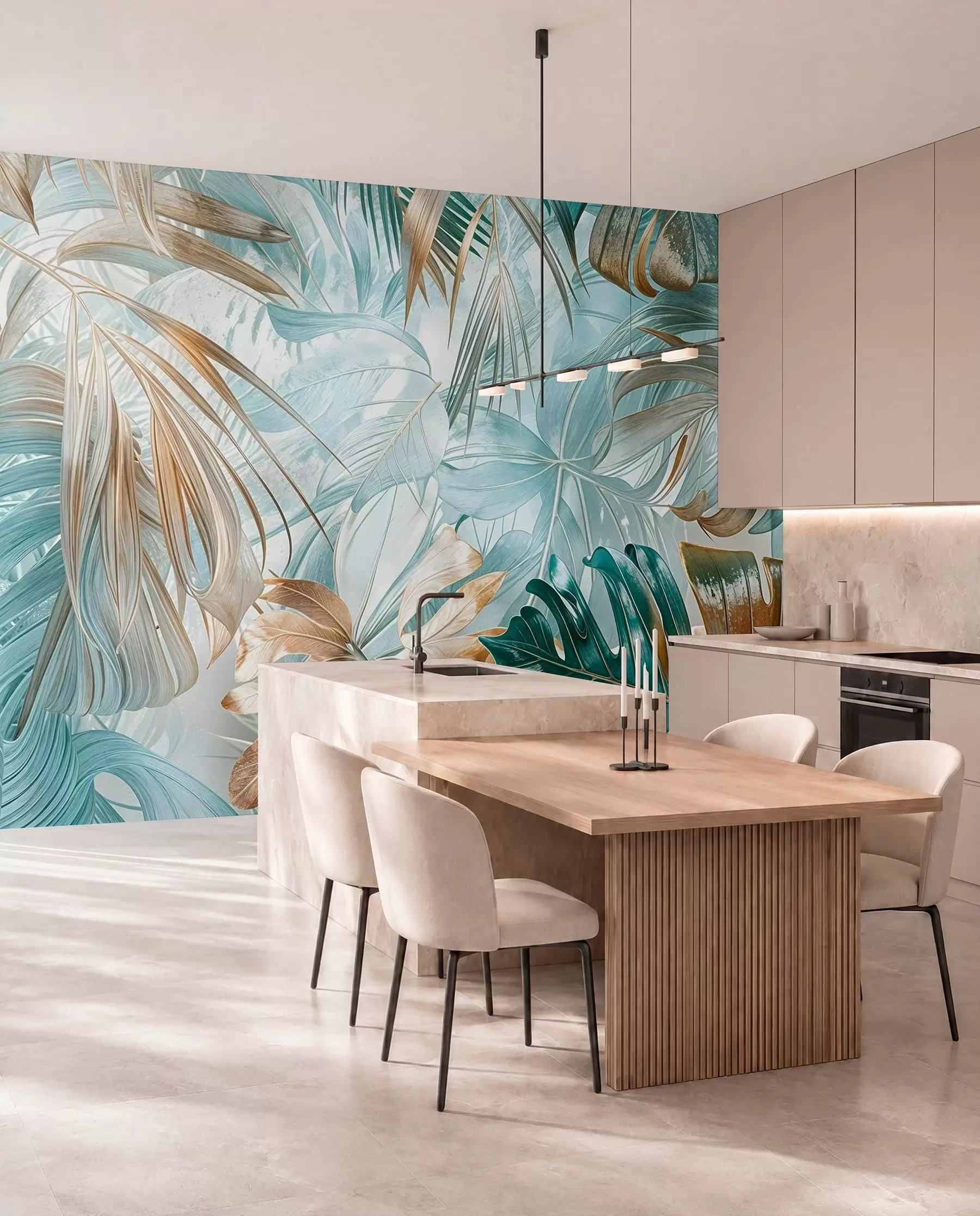carta da parati Una stampa floreale tropicale astratta con grandi foglie di palma nei toni del blu e del beige crea un'atmosfera lussureggiante nr. w08532