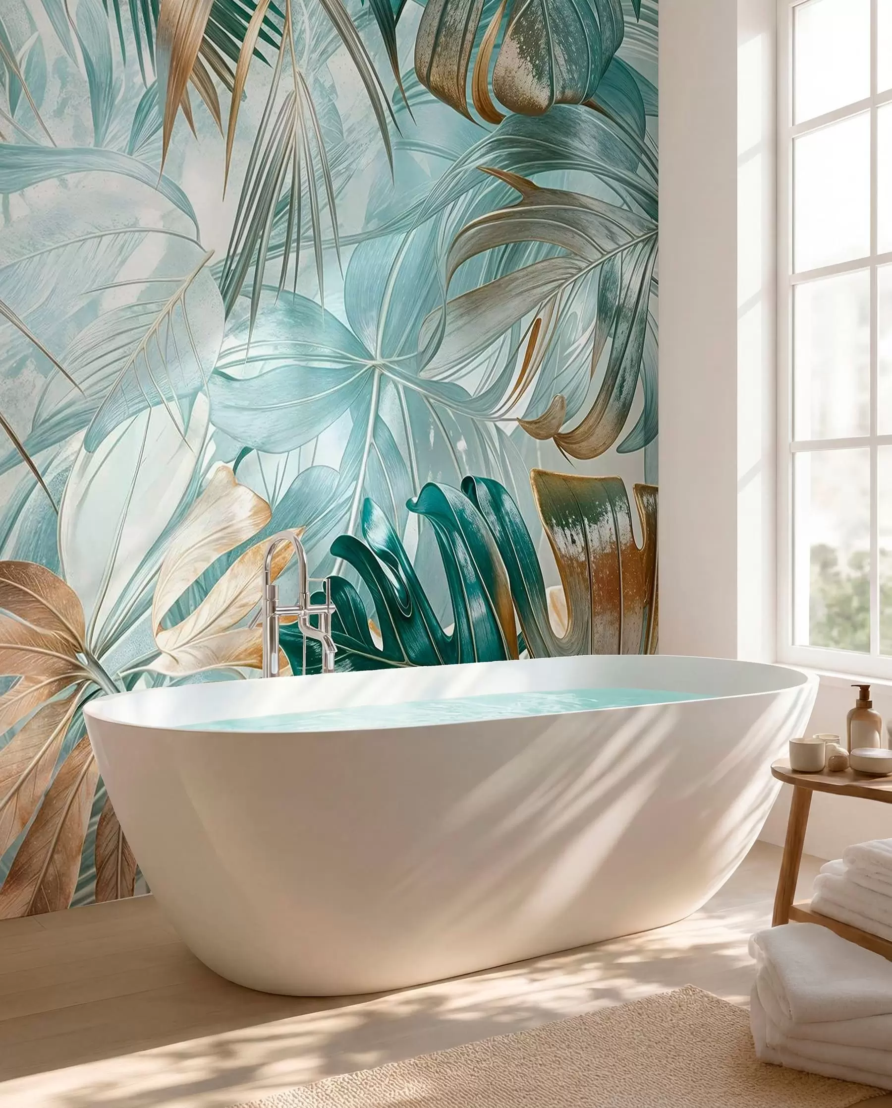 carta da parati Una stampa floreale tropicale astratta con grandi foglie di palma nei toni del blu e del beige crea un'atmosfera lussureggiante nr. w08532