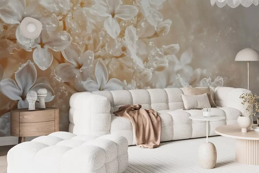 Carta da parati Floreale Delicati fiori bianchi lilla con sfondo morbido e sfumato in giallo n. w08533