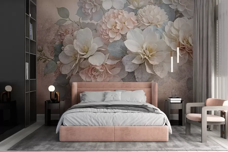 Carta da parati Fiori grandi Morbida stampa testuale con fiori di peonia bianchi e pesca con foglie verdi su sfondo beige n. w08534