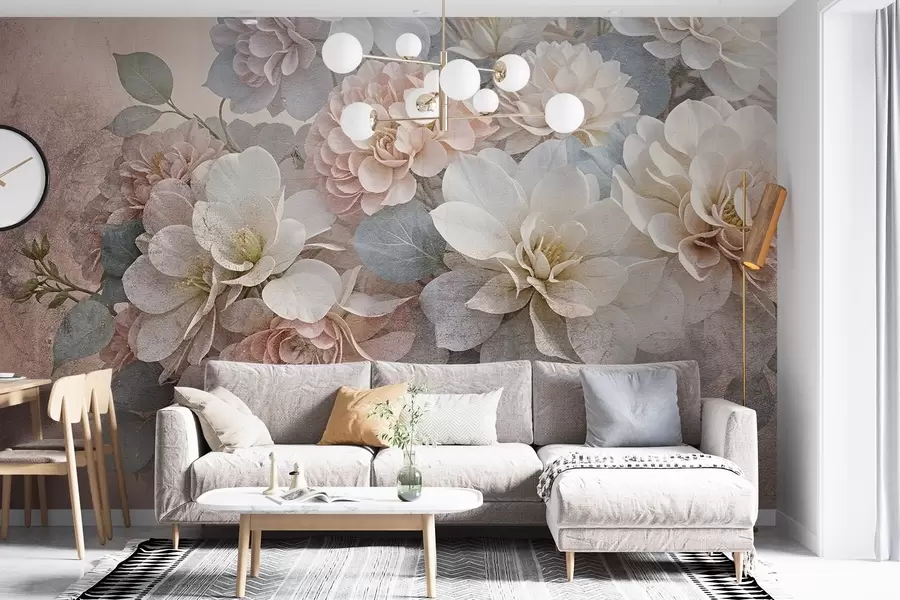 Carta da parati Fiori grandi Morbida stampa testuale con fiori di peonia bianchi e pesca con foglie verdi su sfondo beige n. w08534