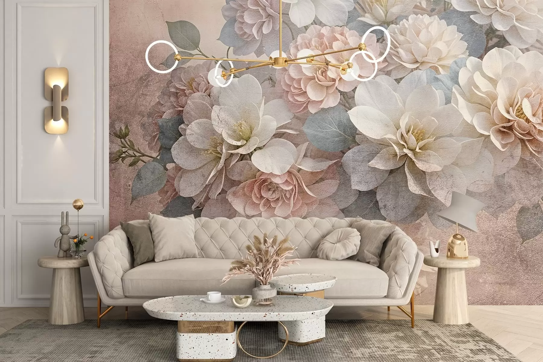 Carta da parati Fiori grandi Morbida stampa testuale con fiori di peonia bianchi e pesca con foglie verdi su sfondo beige n. w08534