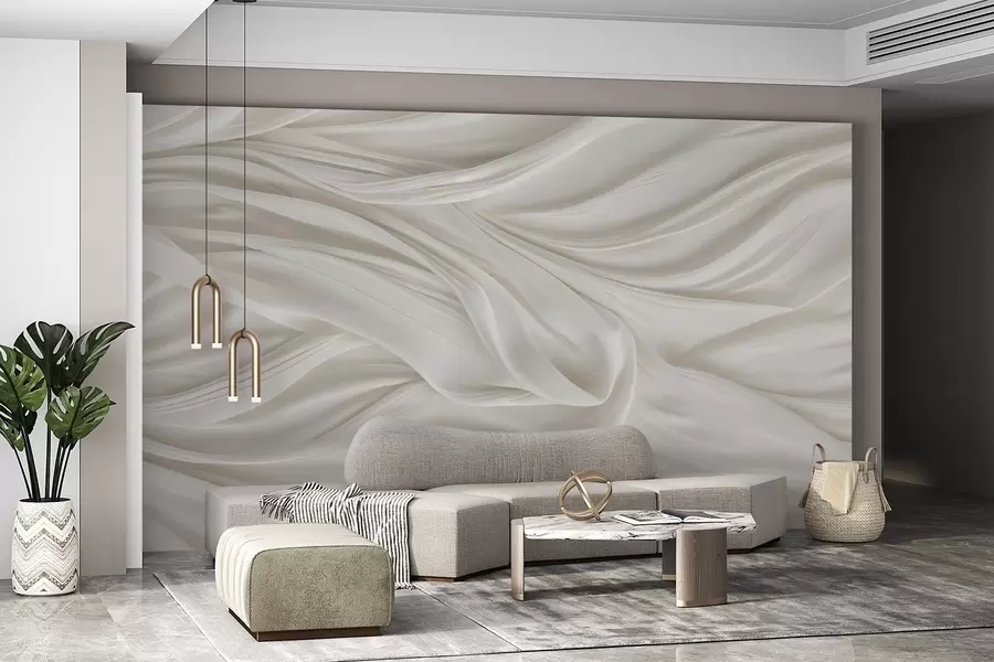 Carta da parati 3D Stampa moderna con imitazione di un tessuto bianco liscio e fluente, con pieghe morbide e svolazzanti 