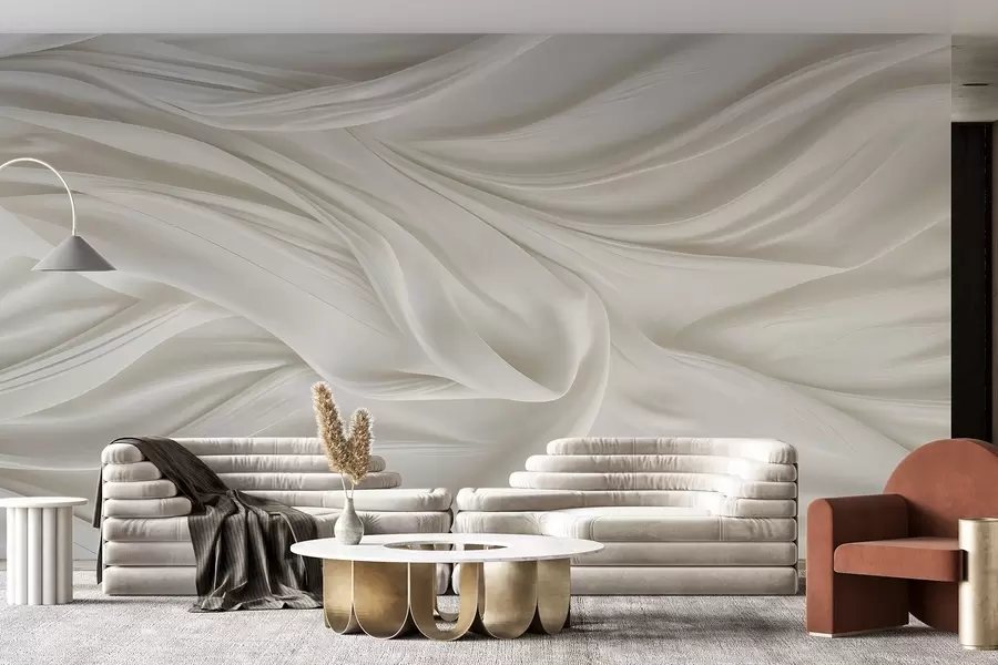 Carta da parati 3D Stampa moderna con imitazione di un tessuto bianco liscio e fluente, con pieghe morbide e svolazzanti 