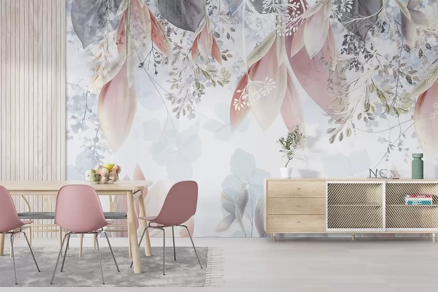 Carta da parati Floreale Morbida stampa floreale dai colori pastello con delicati petali e foglie nei toni del rosa, del bianco e del grigio n. w08538