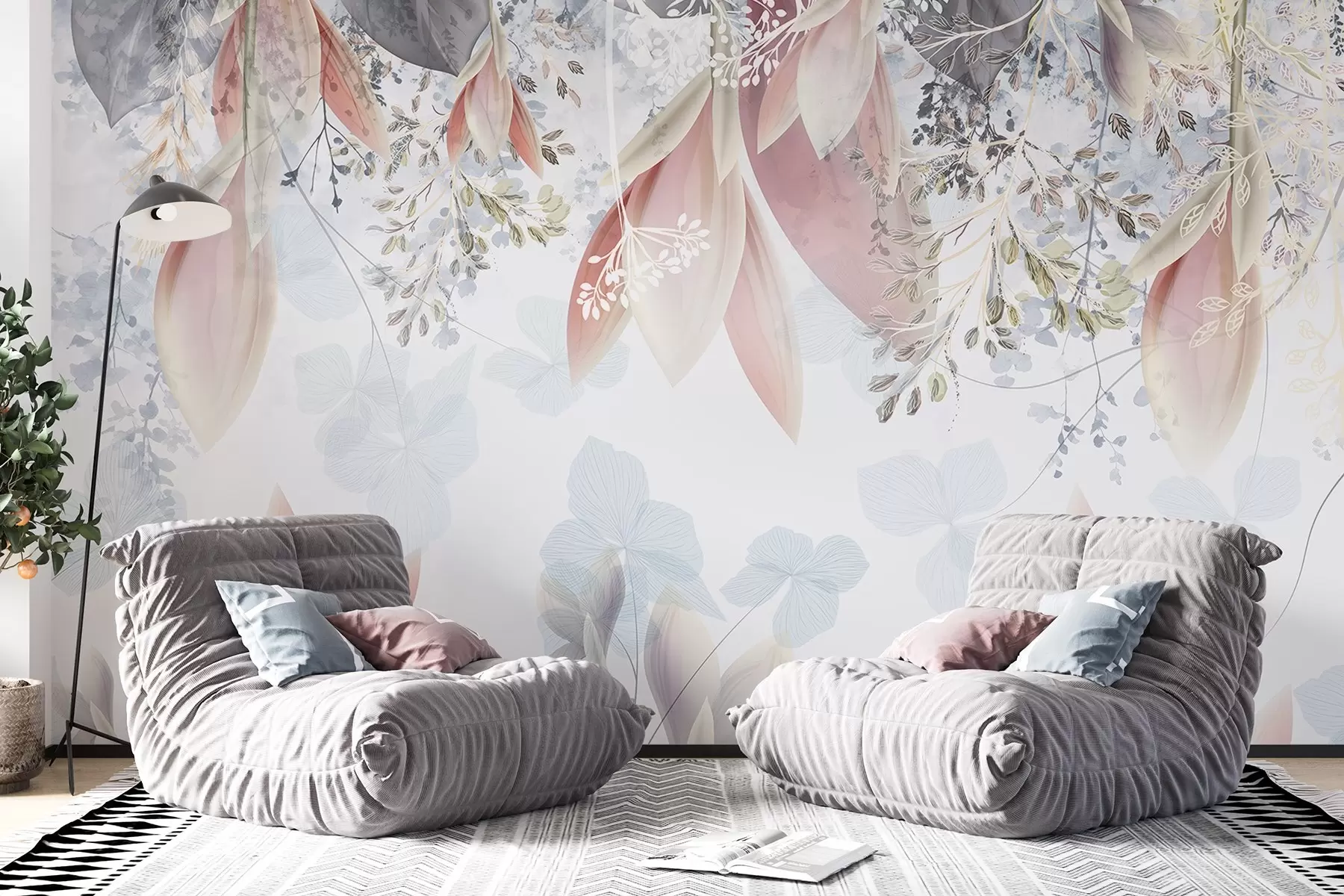 Carta da parati Floreale Morbida stampa floreale dai colori pastello con delicati petali e foglie nei toni del rosa, del bianco e del grigio n. w08538