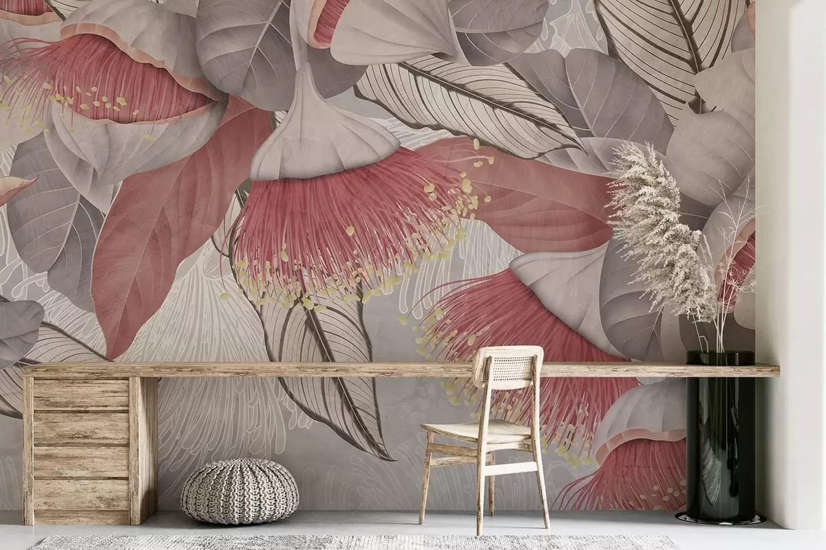 carta da parati Illustrazione botanica di grandi fiori di eucalipto con lunghi stami su uno sfondo grigio e bianco nr. w08539