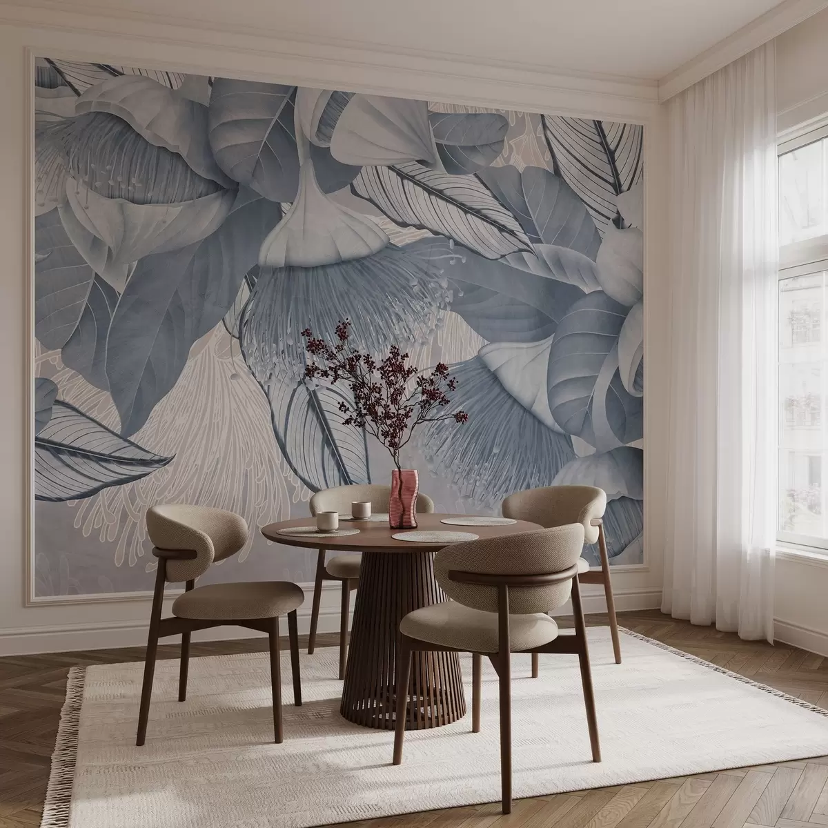 carta da parati Illustrazione botanica di grandi fiori blu di eucalipto con lunghi stami su uno sfondo grigio e bianco nr. w08539v1