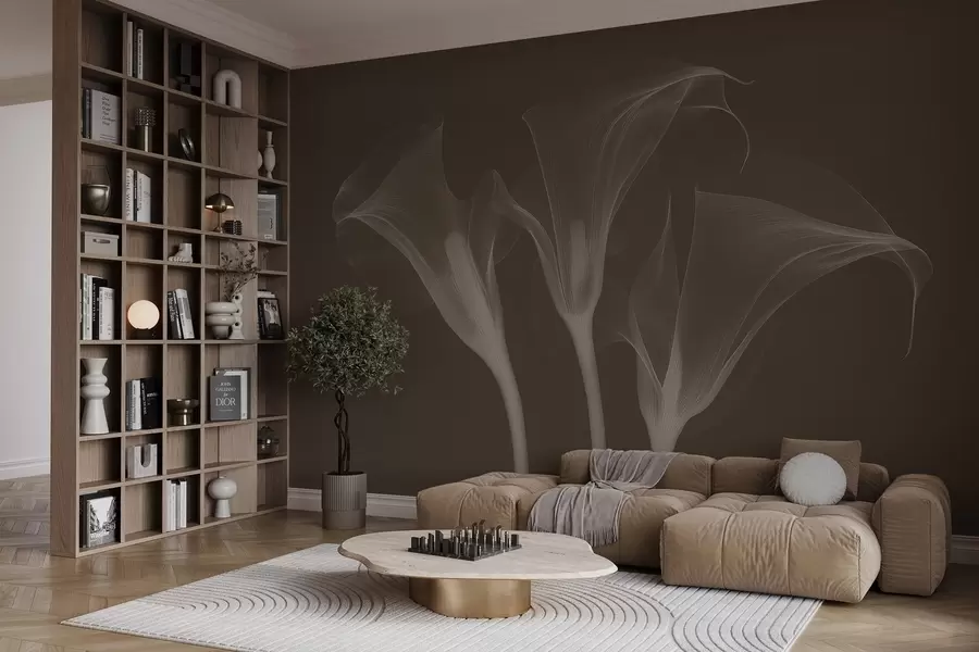 Carta da parati Floreale fiori di Zantedeschia trasparenti e ariosi su uno sfondo scuro n. w02632v1