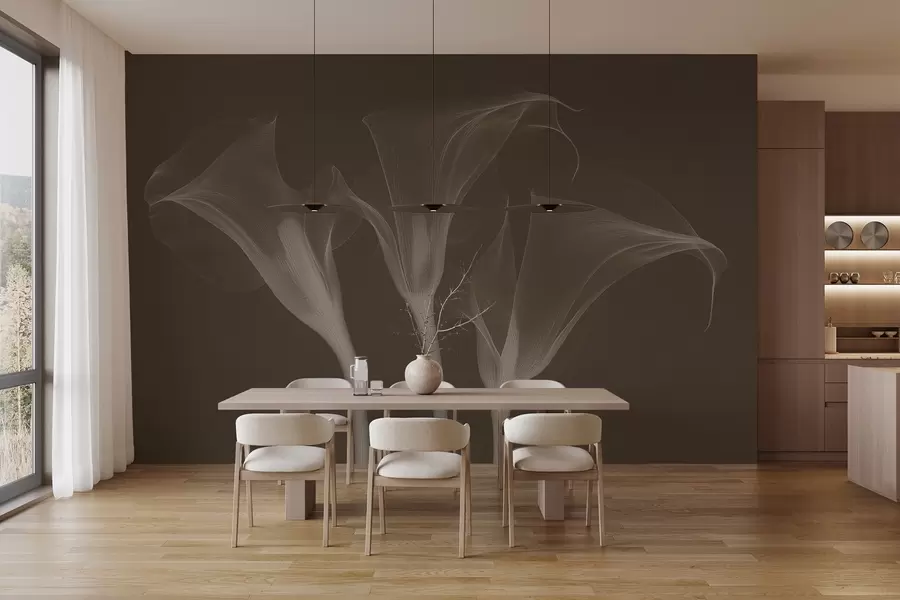 Carta da parati Floreale fiori di Zantedeschia trasparenti e ariosi su uno sfondo scuro n. w02632v1