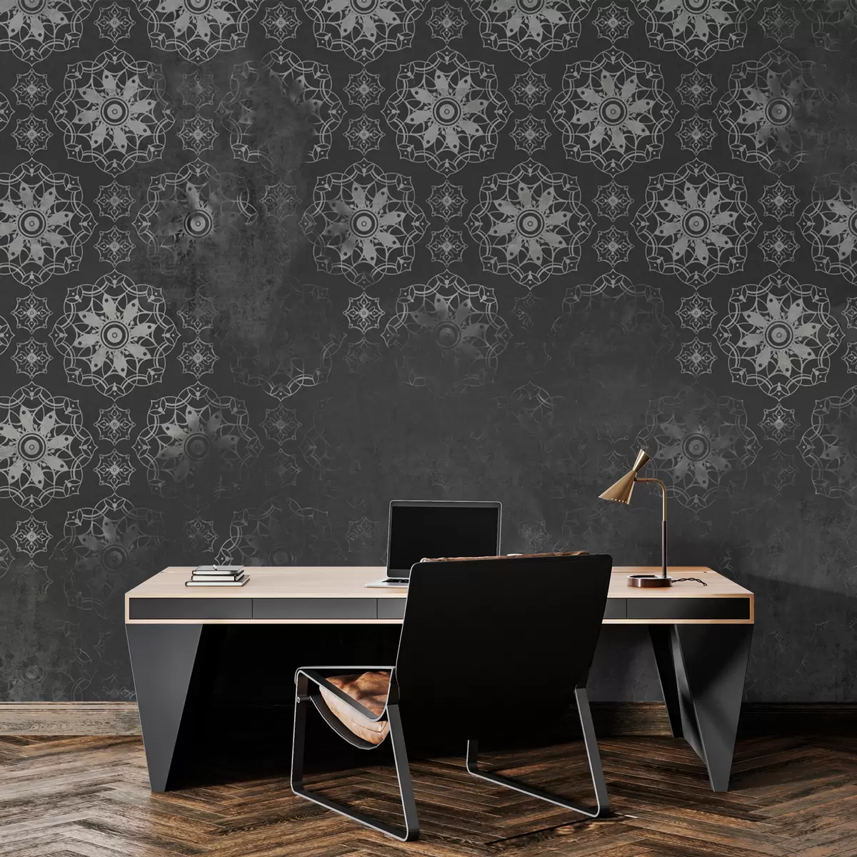 carta da parati Design vintage con elementi mandala ed effetto anticato in grigio nr. w02551v1