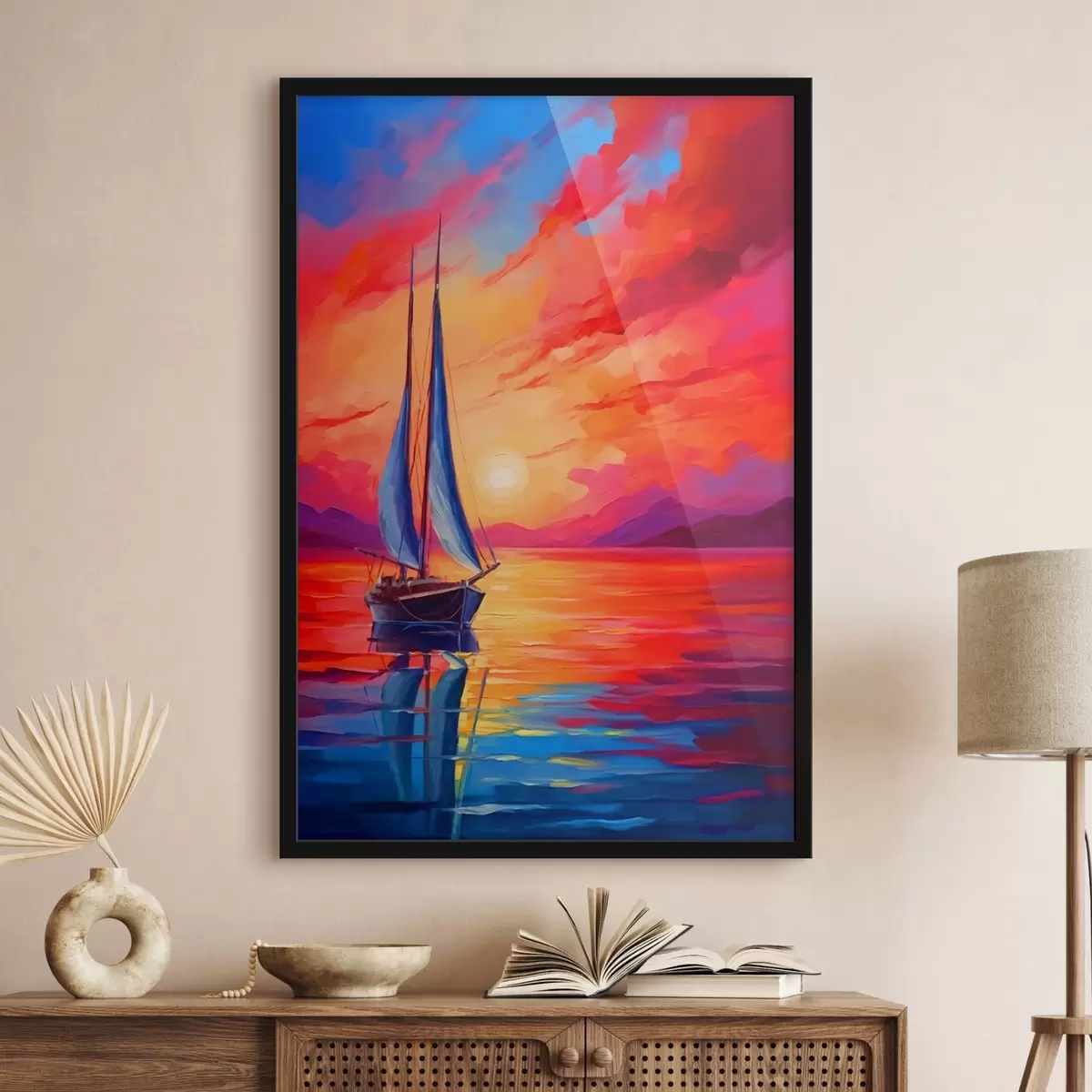Poster Barca a vela sullo sfondo di un tramonto luminoso f42151