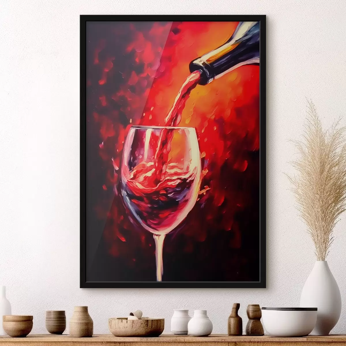 Poster Vino rosso in un bicchiere sullo sfondo del bagliore del fuoco f42162