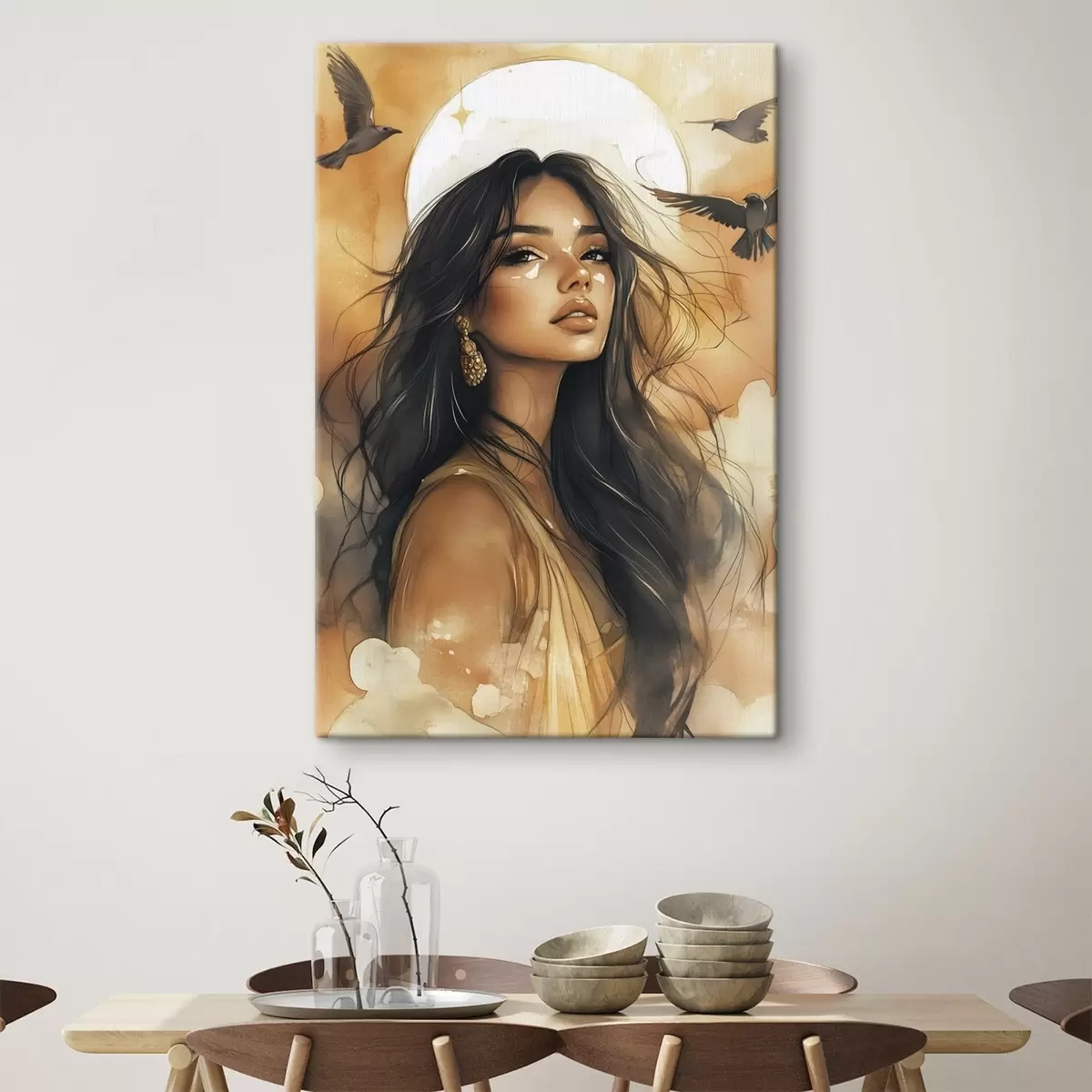 carta da parati Donna con uccelli in volo, tribale, colori beige, sole nr. s42196