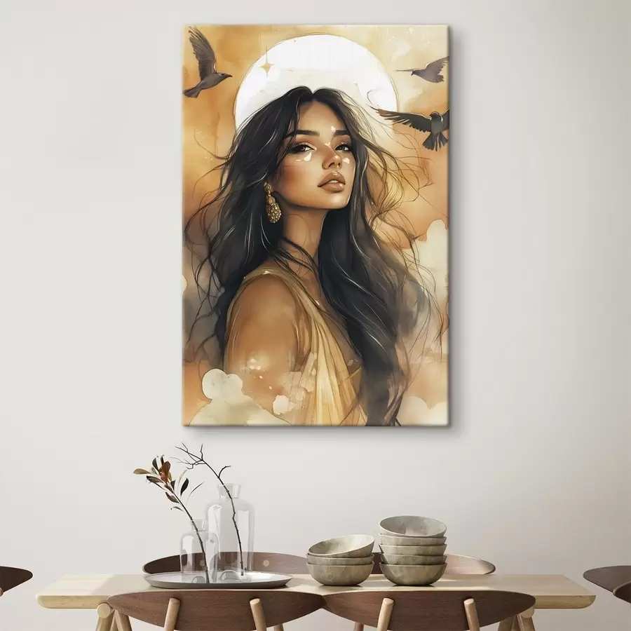 carta da parati Donna con uccelli in volo, tribale, colori beige, sole nr. s42196