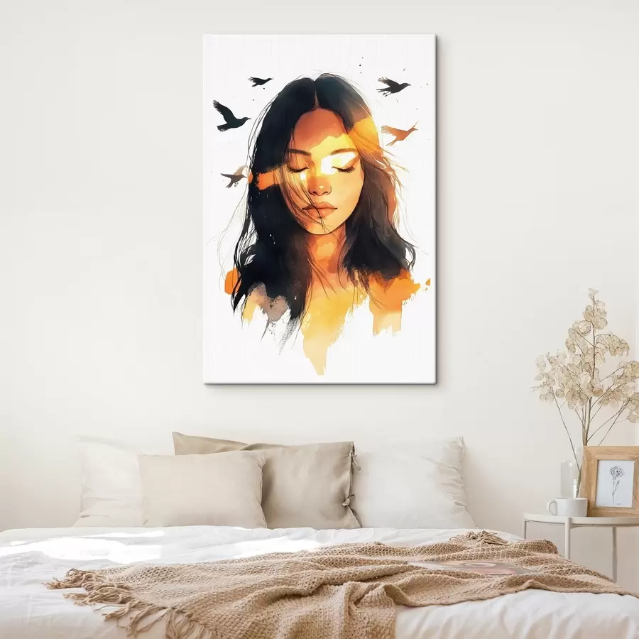 carta da parati Ritratto in stile acquerello, bella ragazza, luce del sole, uccelli in volo nr. s42198