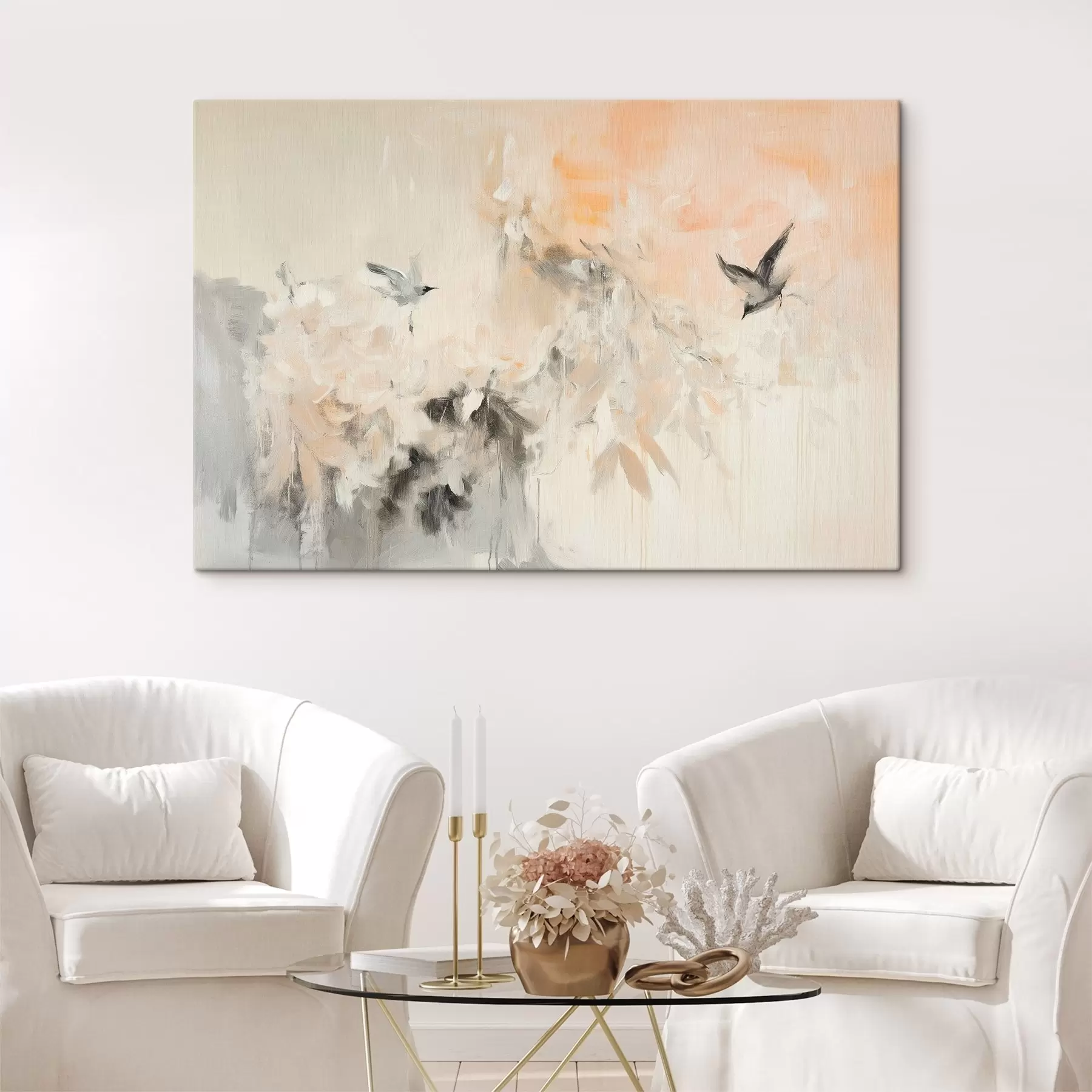 carta da parati Astrazione con uccelli in volo, stile acrilico, colori rosa e beige nr. s42205