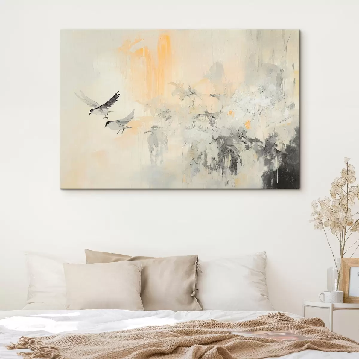 carta da parati Astrazione con uccelli, stile acrilico, colori grigio e beige nr. s42206