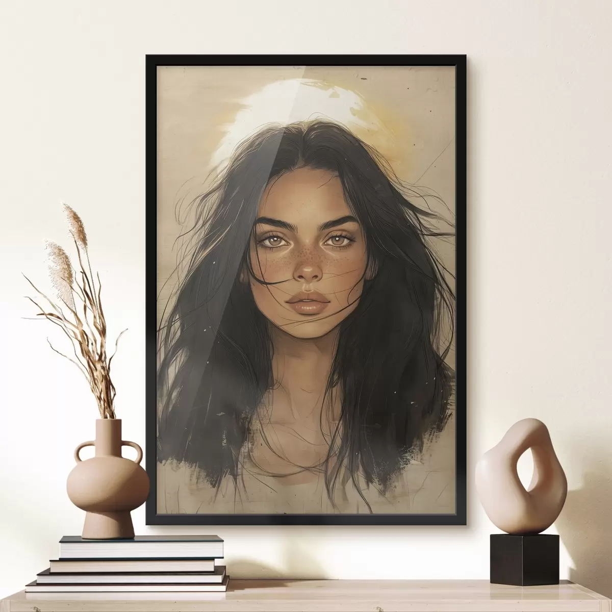 Poster Ritratto di donna, stile tribale, colori beige f42197