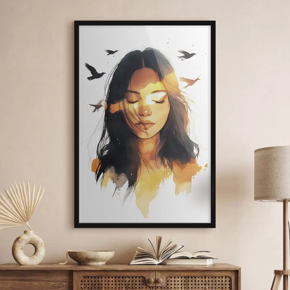 Poster Ritratto in stile acquerello, bella ragazza, luce del sole, uccelli in volo f42198