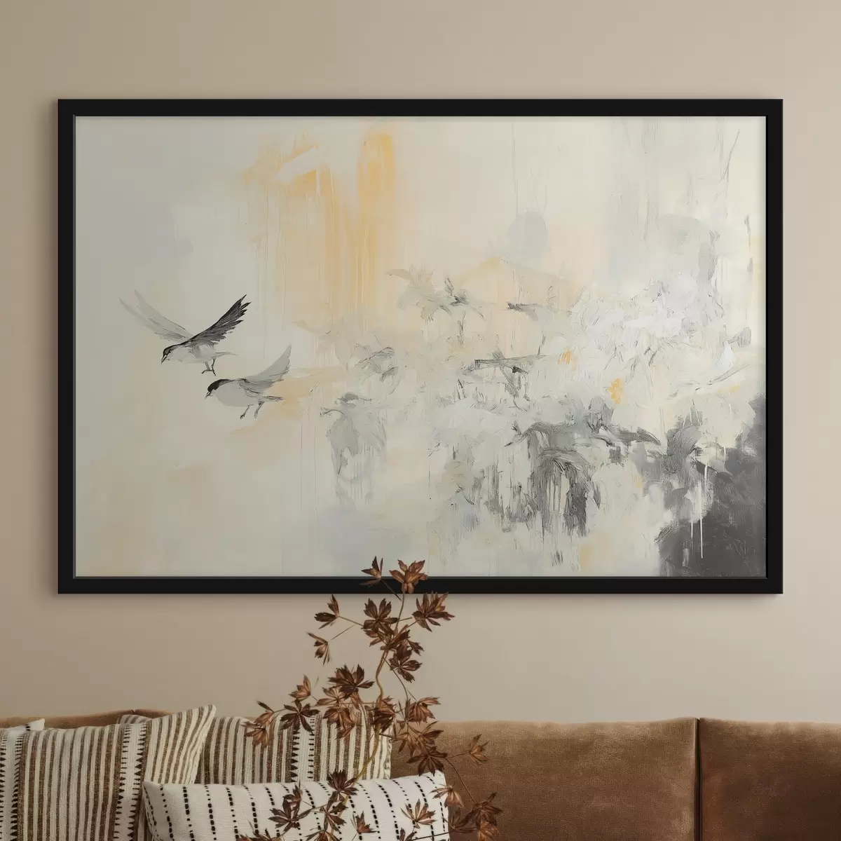Poster Astrazione con uccelli, stile acrilico, colori grigio e beige f42206