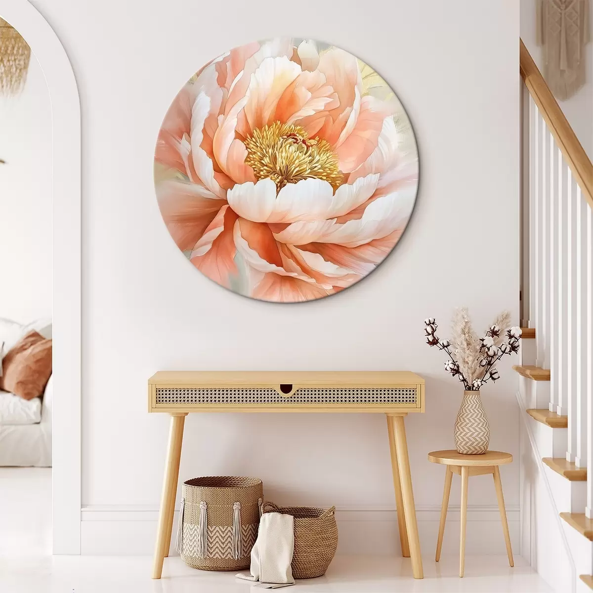 Quadri rotondi Fiore di peonia in stile acrilico, colori rosa, pennellate di colore r42199