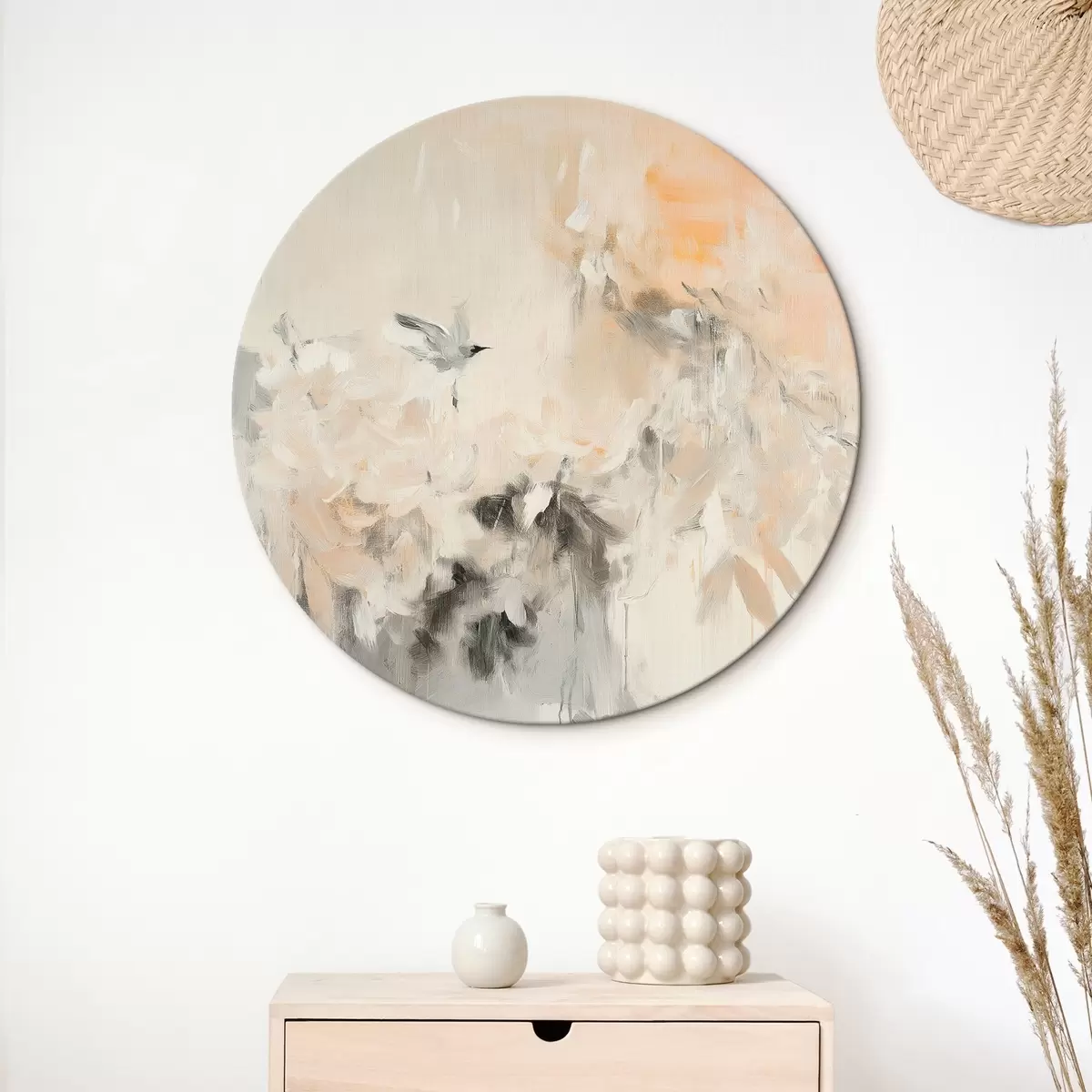 Quadri rotondi Astrazione con uccelli in volo, stile acrilico, colori rosa e beige r42205
