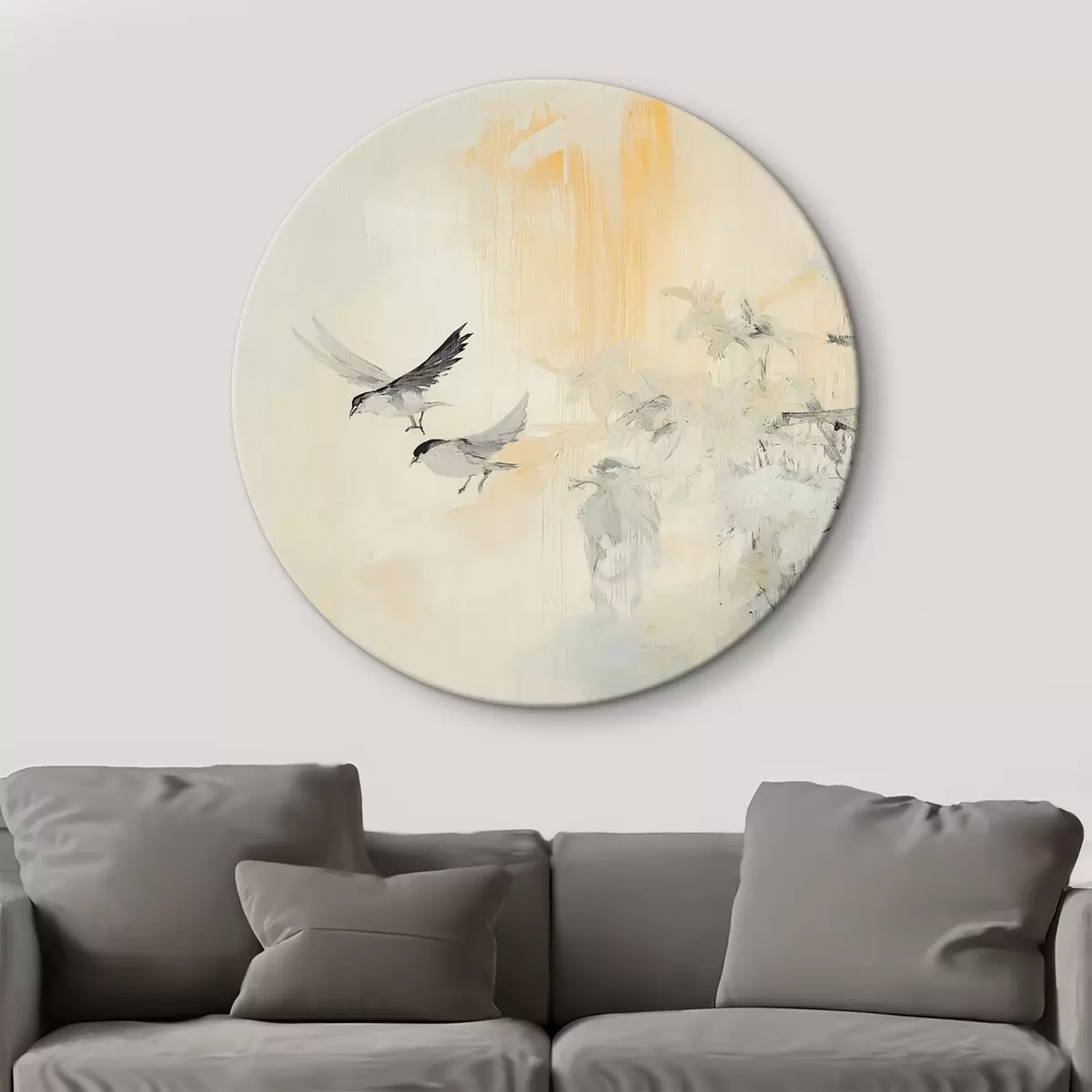 Quadri rotondi Astrazione con uccelli, stile acrilico, colori grigio e beige r42206