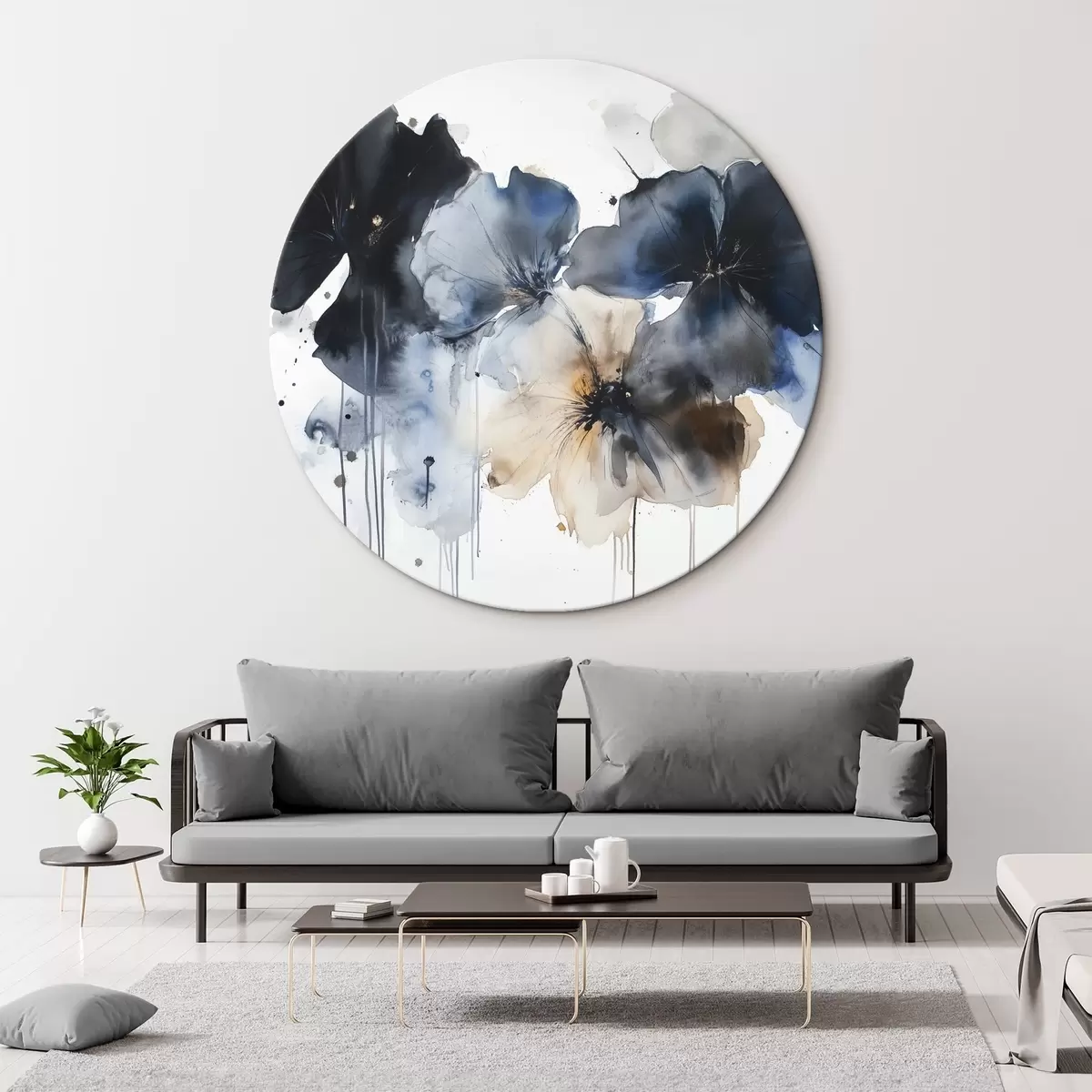 Quadri rotondi Fiori acquerellati, stile fluido, colori blu r42207