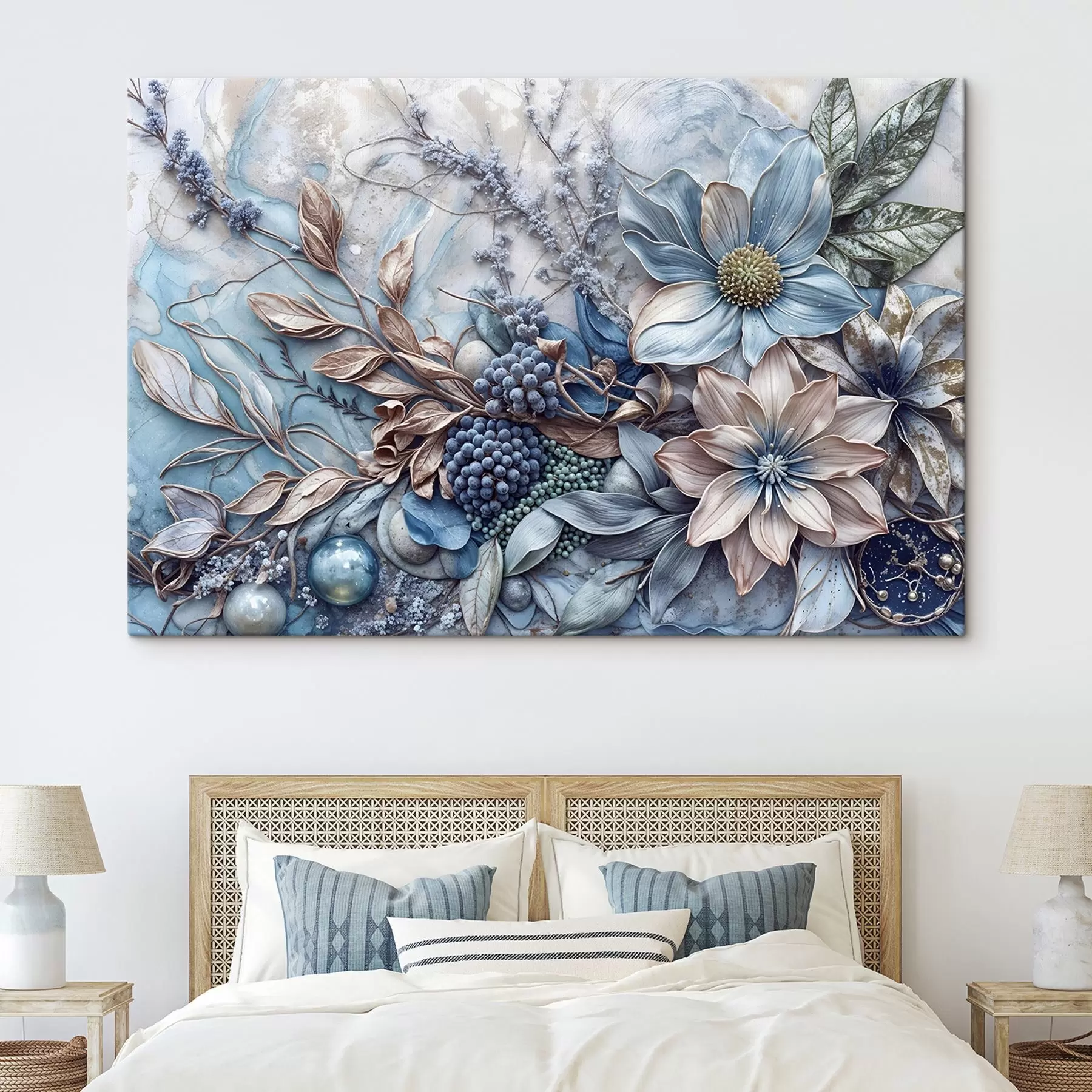 carta da parati Una dettagliata texture astratta di fiori lussureggianti con grandi e vibranti fiori blu e rosa, bacche e altri elementi botanici  nr. s42210