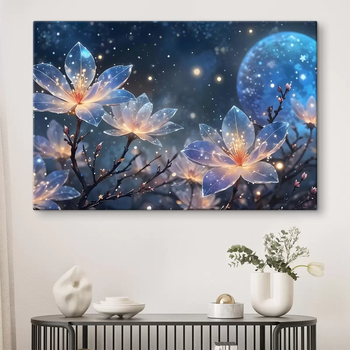carta da parati Fiori astratti di fantasia su rami con petali strutturati con stelle e luna in uno sfondo di cielo notturno nr. s42211