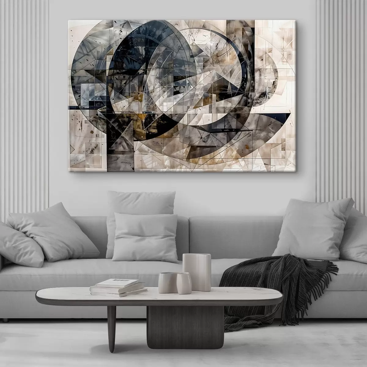 carta da parati Composizione geometrica astratta e moderna con forme sovrapposte e stampa nei toni del grigio, del nero e del beige nr. s42212