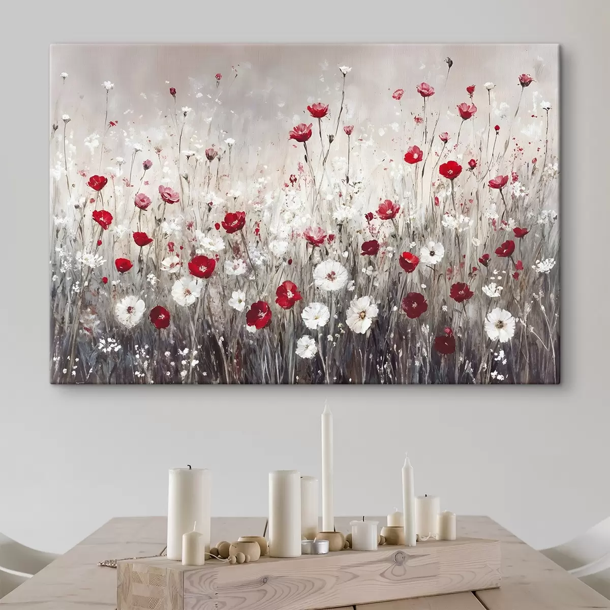 carta da parati Imitazione astratta di pittura a olio di un campo di papaveri e margherite rosse e bianche su uno sfondo grigio e materico nr. s42213