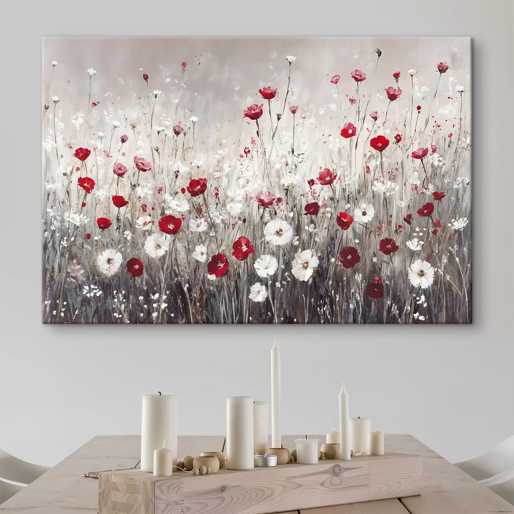 carta da parati Imitazione astratta di pittura a olio di un campo di papaveri e margherite rosse e bianche su uno sfondo grigio e materico nr. s42213