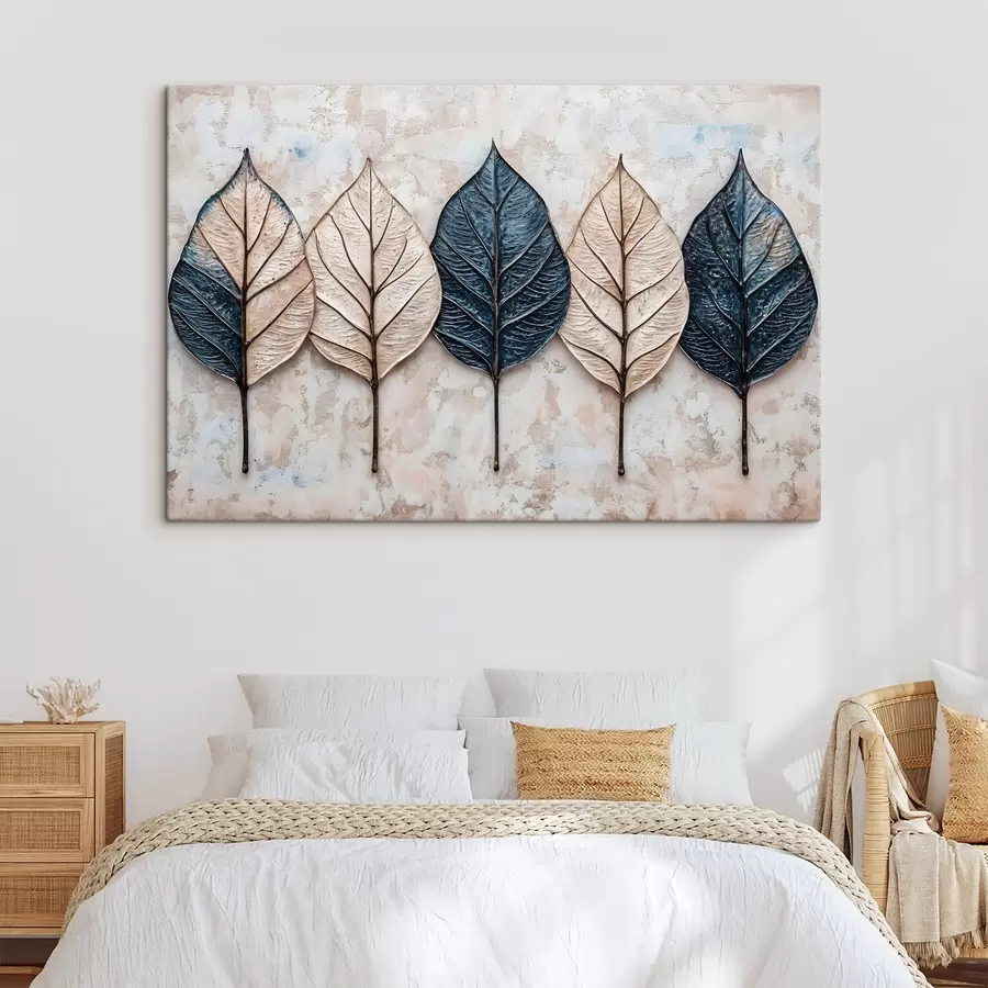 carta da parati Foglie astratte autunnali assortite in varie tonalità di marrone, beige e blu disposte in fila su uno sfondo chiaro nr. s42217