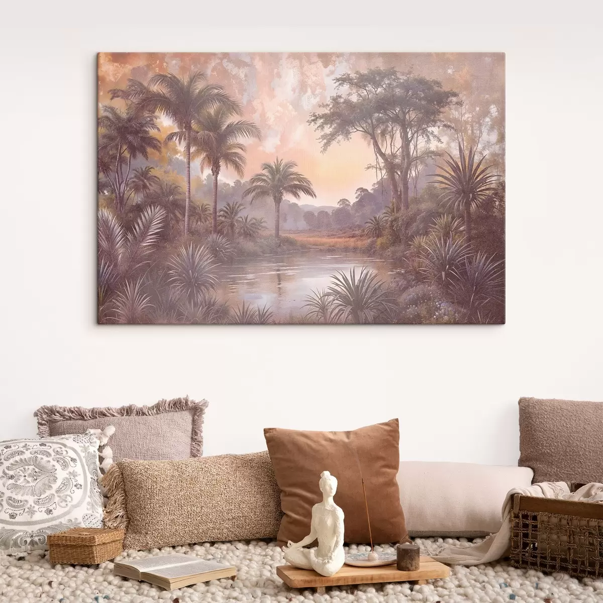 carta da parati Un paesaggio tropicale con un lago sereno circondato da palme lussureggianti e altro fogliame nr. s42219