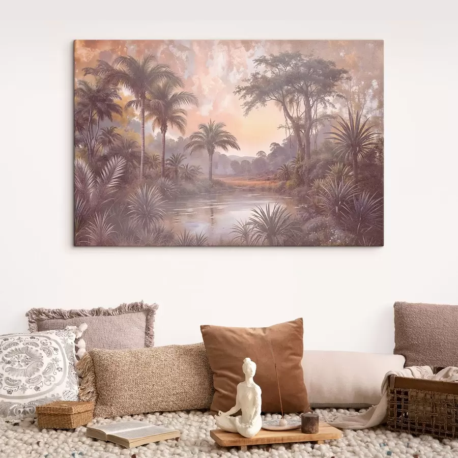 carta da parati Un paesaggio tropicale con un lago sereno circondato da palme lussureggianti e altro fogliame nr. s42219