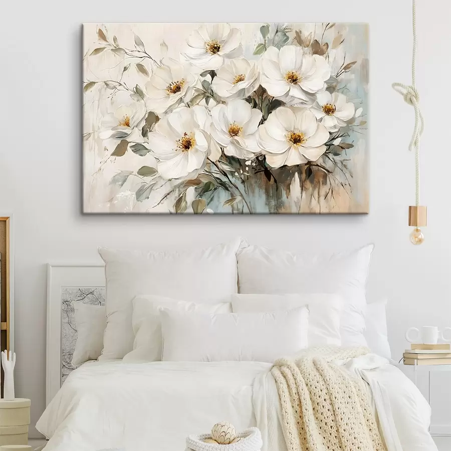 carta da parati Un bouquet di grandi fiori bianchi in stile pittura a olio con centri gialli su uno sfondo chiaro  nr. s42222