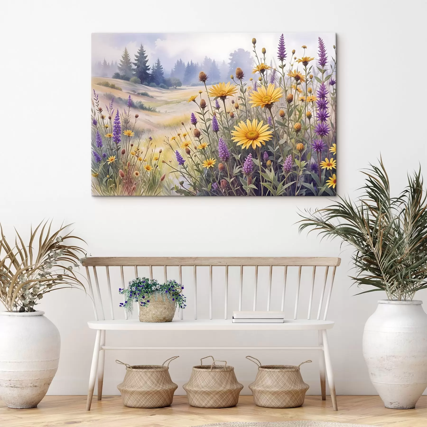carta da parati Un campo di girasoli gialli e fiori di campo viola in un paesaggio forestale nebbioso con pini sullo sfondo nr. s42223
