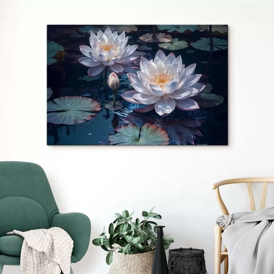 carta da parati Fiori di loto bianchi che galleggiano su uno stagno tranquillo con ninfee nr. s42225