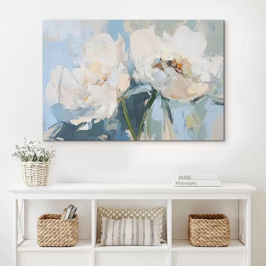 carta da parati Bianco minimalista astratto peonie pittura ad olio imitazione su uno sfondo blu morbido nr. s42226